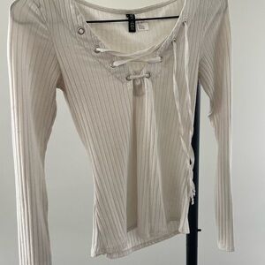 Divided Cream Lace-Up Ribbed Long Sleeve Top